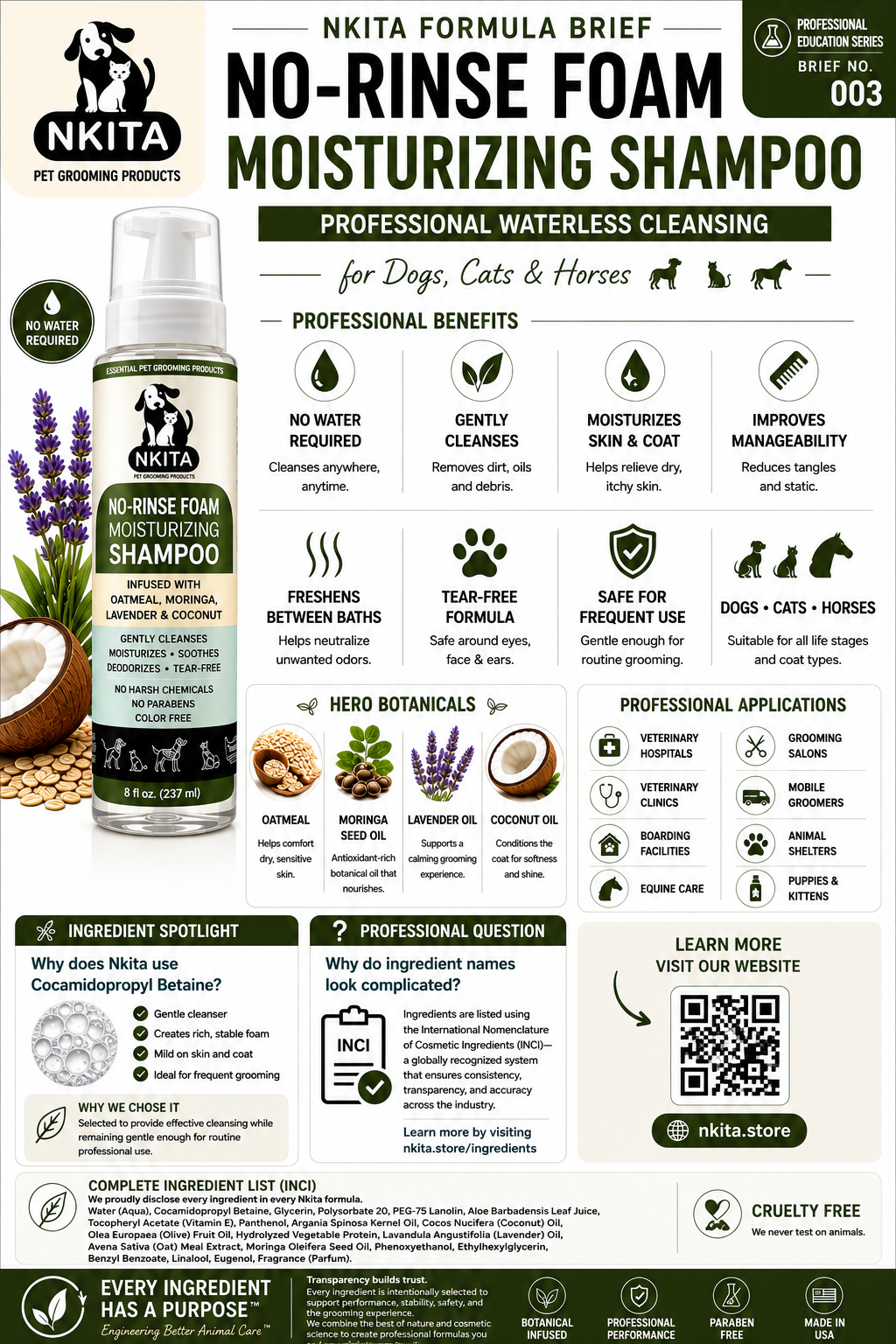 Nkita No Rinse Foam Moisturizing Shampoo for Dogs & Cats & Horses